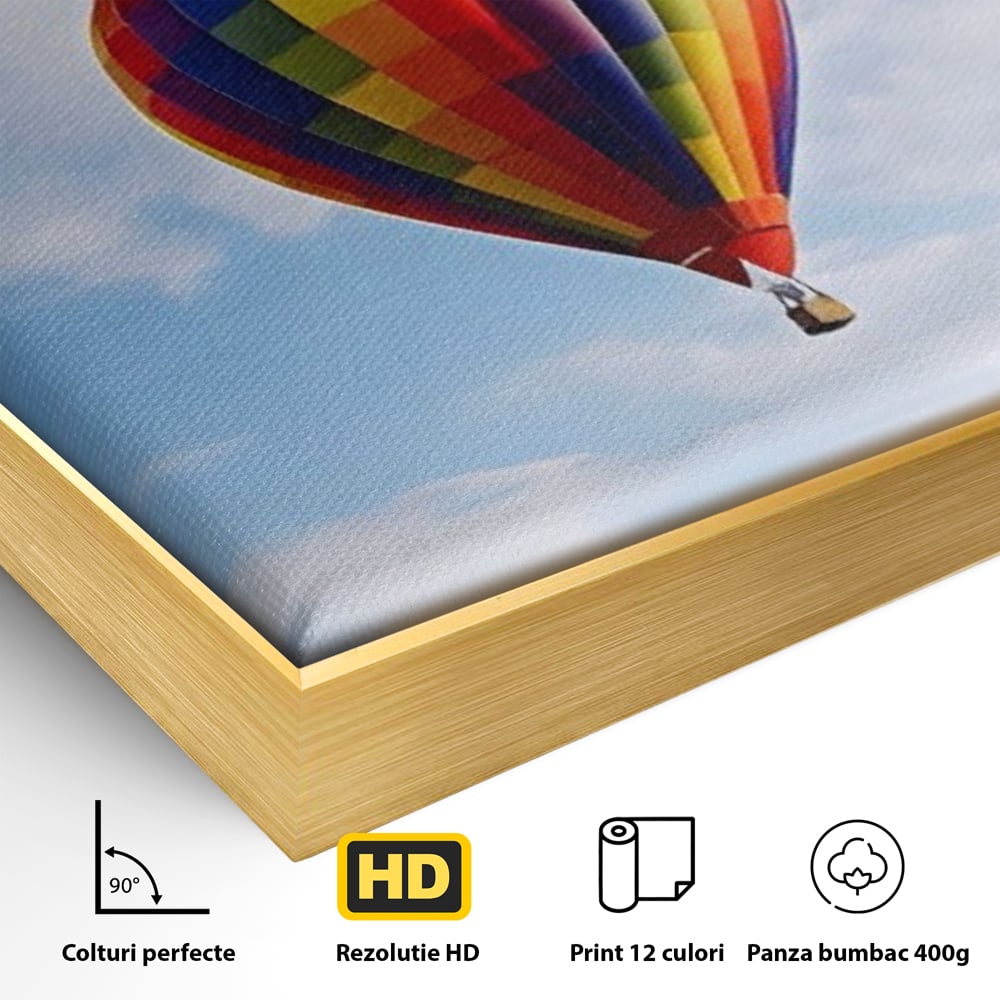 Detaliu al suprafetei: tablou canvas cu balon cu aer cald, in rama de aluminiu auriu